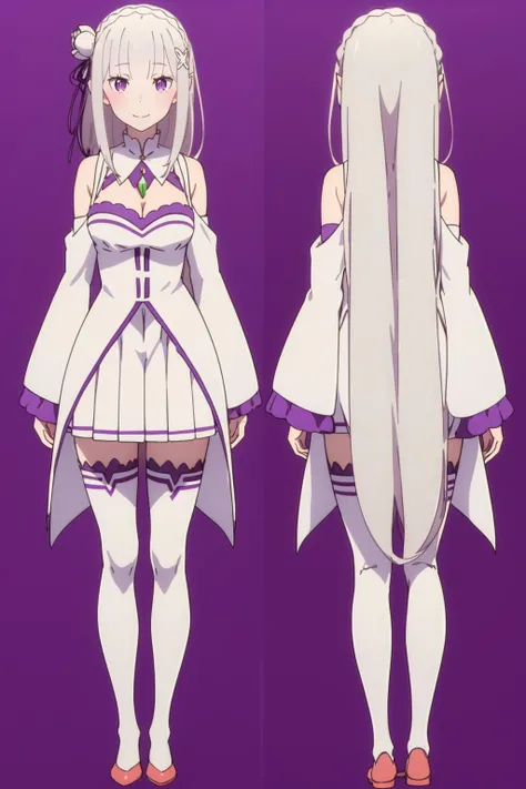 (multiple views:1.5),from behind,from_front,
ç±èèé,emilia (re:zero),pointy ears,grey hair,white hair,very long hair,blunt bangs,purple eyes,<lora:ç±èèé1V:0.7>,<lora:add_detail:0.2>,<lora:colorful_V1_lbw:0.3>,
crown braid,sidelocks,x hair ornament,hair flower,purple ribbon,very long hair,simple background,purple background,
full body,arms at sides,smile,1cat,å¸å,
å¥è£ä¸,detached collar,gem,bare shoulders,cleavage,pleated skirt,white skirt,white dress,frills,detached sleeves,wide sleeves,frilled sleeves,long sleeves,white thighhighs,, Exquisite visuals, high-definition,masterpiece,best quality,, Exquisite visuals,high-definition,masterpiece,best quality,18yo,Young female,Beautiful Fingers,Beautiful long legs,Beautiful body,Beautiful character design,white panties,