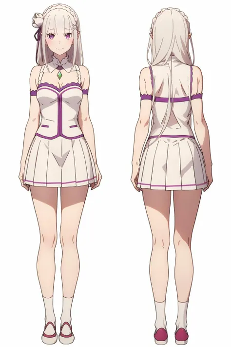 (multiple views:1.5),from behind,from_front,light smile,(white background:1.2),(full body:1.4),
ç±èèé,emilia (re:zero),pointy ears,grey hair,white hair,very long hair,blunt bangs,purple eyes,<lora:ç±èèé1V:0.6>,<lora:add_detail:0.2>,<lora:colorful_V1_lbw:0.3>,
crown braid,sidelocks,x hair ornament,hair flower,purple ribbon,very long hair,
å¥è£äº,detached collar,gem,bare shoulders,cleavage,white bustier,pleated skirt,white skirt,bare thighs,
white socks,, Exquisite visuals, high-definition,masterpiece,best quality,, Exquisite visuals,high-definition,masterpiece,best quality,18yo,Young female,Beautiful Fingers,Beautiful long legs,Beautiful body,Beautiful character design,white panties,