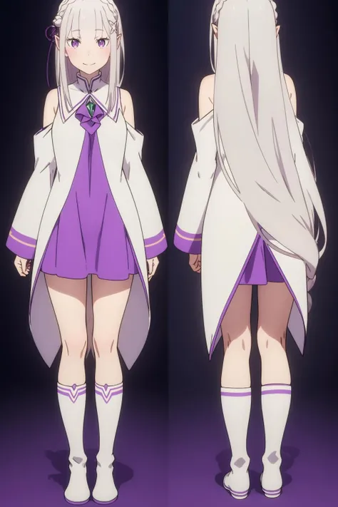 (multiple views:1.5),from behind,from_front,light smile,
ç±èèé
,emilia (re:zero),pointy ears,grey hair,white hair,very long hair,blunt bangs,purple eyes,<lora:ç±èèé
1V:0.6>,<lora:add_detail:0.2>,<lora:colorful_V1_lbw:0.3>,
crown braid,sidelocks,x hair ornament,hair flower,purple ribbon,very long hair,
å¥è£
é¶,purple dress,detached collar,neckerchief,gem,detached sleeves,long sleeves,shoulder cutout,bare thighs,
white boots,, Exquisite visuals, high-definition,masterpiece,best quality,, Exquisite visuals,high-definition,masterpiece,best quality,18yo,Young female,Beautiful Fingers,Beautiful long legs,Beautiful body,Beautiful character design,white panties,