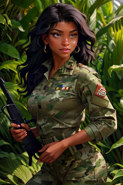 DEN_nicole_kitt,
(a (soldier:1.1) in the jungle on manoeuvrers wearing (army fatigues:1.2) and holding a rifle, (camouflage:1.2), military, uniform, military, camouflage uniform:1.2),
bokeh, f1.4, 40mm, photorealistic, raw, 8k, textured skin, skin pores, intricate details  <lora:epi_noiseoffset2:1>, epiCRealism