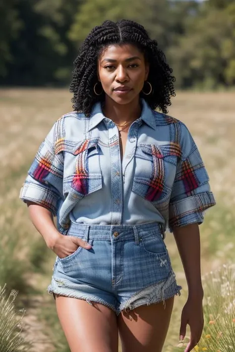 DEN_nicole_kitt,
(walking through a tallgrass meadow wearing (Jean shorts:1.3) and (plaid shirt:1.3), meadow, wild, overgrown, walking,:1.2),
bokeh, f1.4, 40mm, photorealistic, raw, 8k, textured skin, skin pores, intricate details <lora:epi_noiseoffset2:1>, epiCRealism <lora:ClothingAdjuster3:-1>