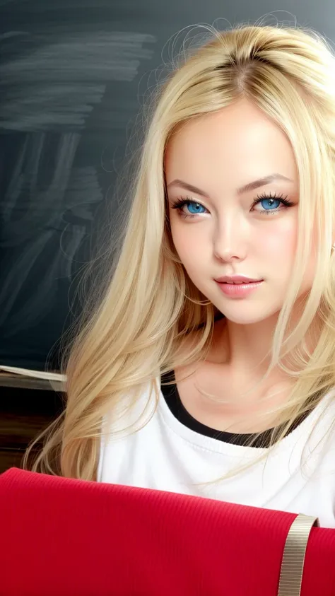 close up, (quironSilviaSaintV1:0.9), blue eyes, (blond hair:1.2), smile, in school, as teacher, leaning on a desk, happy, blackboard in background <lora:quironSilviaSaintV1:0.9>, Rembrandt style