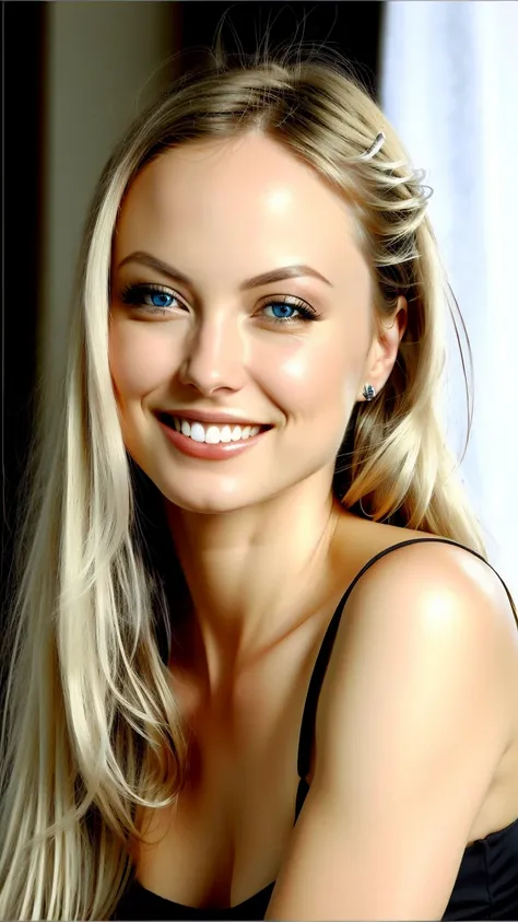 Portrait of a 24-year-old girl, precise, light blue eyes, blonde hair, smiles