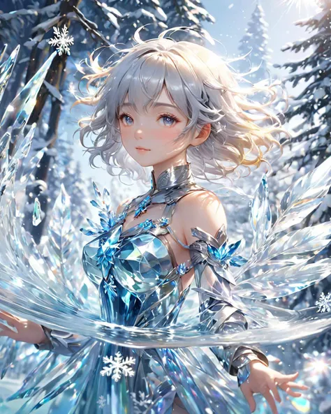 Masterpiece, high quality, best quality, official art, beauty and water ring, ice, a girl surrounded by rings of water, ice and water, photorealistic, 1girl, power_armor, french woman, full body, Glowing eyes, tears, Golden eyeshadows, flowers, dynamic angle,elegant, romantic film, highly detailed, skin detail realistic, Glass fragments, Shimmering Crystal, looking at viewer, profile, white hair, backlighting, wind, dynamic angle, beautiful detailed glow