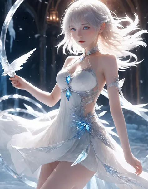 sword-stepping flight,white hair,1girl,ice,(ice ring:1.4),ice and water,High quality,a girl surrounded by an ice ring,masterpiece,wallpaper,(translucent white gauze dress:1.3),(:1.3),ponytail,walking,fantasy,blue eyes,girl suspended in the air,(fly:1.3),