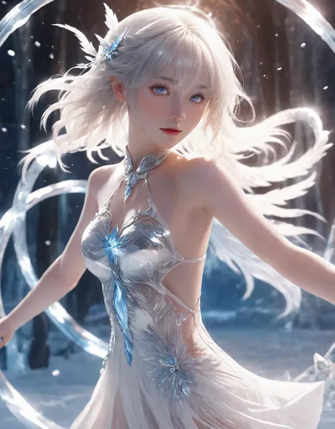 wood, Delicate mini ice spikes and crystals, Frozen waterfall as background, Light reflected on ice crystals, Dancing snowflakes.Beautiful woman、white hair、cute girl,realistic person,Black skirt

