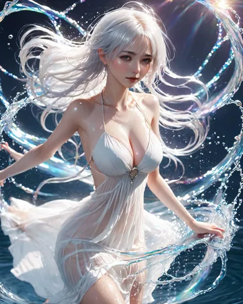 <lora:xl0918ice-water:1>,white hair,water,1girl,(water ring:1.4),High quality,masterpiece,A beautiful woman is surrounded by a water ring,Water splashes,wallpaper,(translucent white gauze dress:1.3),(bikini:1.3),ponytail,walking,splashing water,fantasy,medium breasts,cleavage,slender,animation wind,halter_dress,