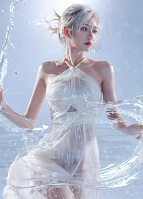 <lora:xl0918ice-water:0.7>,water,1girl,(water ring:1.25),High quality,masterpiece,A beautiful woman is surrounded by a water ring,Water splashes,wallpaper,(translucent white gauze dress:1.1),white hair,bikini,ponytail,walking,splashing water,fantasy,medium breasts,cleavage,slender,real-life realistic photo texture,a beautiful chinese woman,multiple water ring winding,dynamic perspective,spiral,around,greco-roman architectur,halter_dress,chinese woman,moyou,