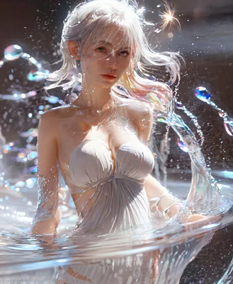 <lora:xl0918ice-water:1>,white hair,water,1girl,(water ring:1.4),High quality,masterpiece,A beautiful woman is surrounded by a water ring,Water splashes,wallpaper,(translucent white gauze dress:1.3),(bikini:1.3),ponytail,walking,splashing water,fantasy,medium breasts,cleavage,slender,