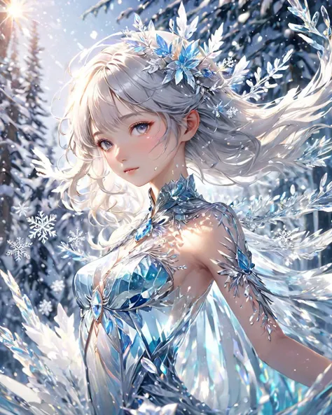 (Masterpiece, high quality, best quality, official art, beauty and aesthetics:1.2),<lora:xl0918ice-water:0.9>,(water ring:1.2),ice,a girl surrounded by rings of water,ice and water,photorealistic,entangle,1girl,chinese woman,(full body:1.3),Glowing eyes,tears,Golden eyeshadows,ecstasy of flower,dynamic angle,(the most beautiful form of chaos:1.2),elegant,(Gradient colours:1.2),(romanticism:1.1),film,highly detailed,skin detail realistic,Glass fragments,Shimmering Crysta,looking at viewer,profile,white hair,backlighting,((floating)),dynamic angle,beautiful detailed glow,(floating palaces:1.2),((detailed beautiful snow forest with trees)),((snowflakes)),floating,