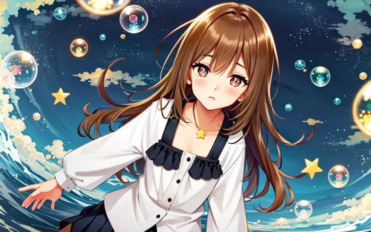 <lora:_bubbles:0.7:NIN> many bubbles reflection, kawaii petit child childish innocent ankle-biter 1girl 8yo, star-shaped pupils small_star symbol in the pupils and iris, ((skindantation)) ((flat chest)) +++, +++
red eyes,
vivid red hair,
long hair ,
retriever hair,
wavy hair ,
bangs,
sideburns ,
pupils sparkling,
embarrassed ,
+++, +++ extremely quality, high detailed, anime coloring illustration game cg contrapposto <lora:_flat2:0.3:ALL> ++ Faint lips,UC:realistic cute anime face cinematic angle Girl at the front single focus dynamic pose, dark green blouse orange mini skirt thighhighs full brogue