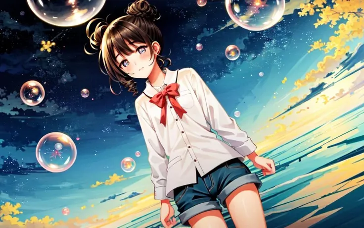 <lora:_bubbles:0.7:NIN> many bubbles reflection, kawaii petit child childish innocent ankle-biter 1girl 8yo, star-shaped pupils small_star symbol in the pupils and iris, ((skindantation)) ((flat chest)) +++, +++
coral eyes,
- purple hair,
short hair ,
braided bun,
drill hair ,
swept bangs,
sideburns ,
naughty smile,
nose blush ,
+++, +++ extremely quality, high detailed, anime coloring illustration game cg contrapposto <lora:_flat2:0.3:ALL> ++ Faint lips,UC:realistic cute anime face cinematic angle Girl at the front single focus dynamic pose, - hazel collared_shirt indigo hotpants loose socks trainers
