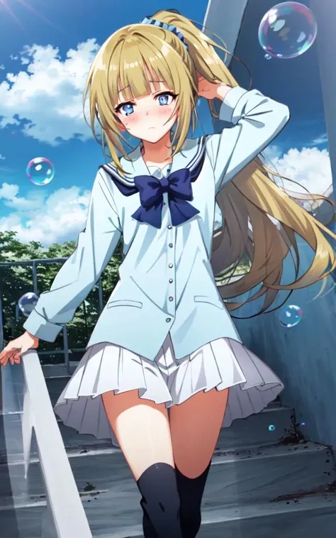 <lora:_bubbles:0.7:NIN> many bubbles reflection, +++ extremely quality, high detailed, anime coloring illustration game cg contrapposto <lora:_flat2:0.3:ALL> ++ Faint lips,UC:realistic cute anime face cinematic angle Girl at the front single focus dynamic pose, <lora:karu:0.7:NP> karu 1girl clear purpleblue violet eyes, medium breasts skindantation, kawaii tsundere gyaru eyeliner happy (nose blush) doyagao [gradient hair [lightorangeyellow:turquoise:0.8] hair] super long hair, shiny hair (sidelocks) (symmetrical bangs) (blunt bangs), hair up highponytail head_scrunchie, +++ ( (sleeves rolled up skyblue school_shirt) (white pleated_skirt) (darkblue bowtie) red jacket (Loafers) ) +++ looking down looking away sleep eyes crossed arms  ++ (school stairs background)