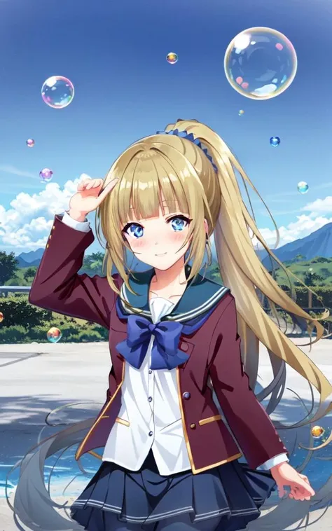 <lora:_bubbles:0.7:NIN> many bubbles reflection, +++ extremely quality, high detailed, anime coloring illustration game cg contrapposto <lora:_flat2:0.3:ALL> ++ Faint lips,UC:realistic cute anime face cinematic angle Girl at the front single focus dynamic pose, <lora:karu:0.7:NP> karu 1girl clear purpleblue violet eyes, medium breasts skindantation, kawaii tsundere gyaru eyeliner happy (nose blush) doyagao [gradient hair [lightorangeyellow:turquoise:0.8] hair] super long hair, shiny hair (sidelocks) (symmetrical bangs) (blunt bangs), hair up highponytail head_scrunchie, +++ ( (sleeves rolled up skyblue school_shirt) (white pleated_skirt) (darkblue bowtie) red jacket (Loafers) ) +++ smile :/ nose blush  ++ (school stairs background)