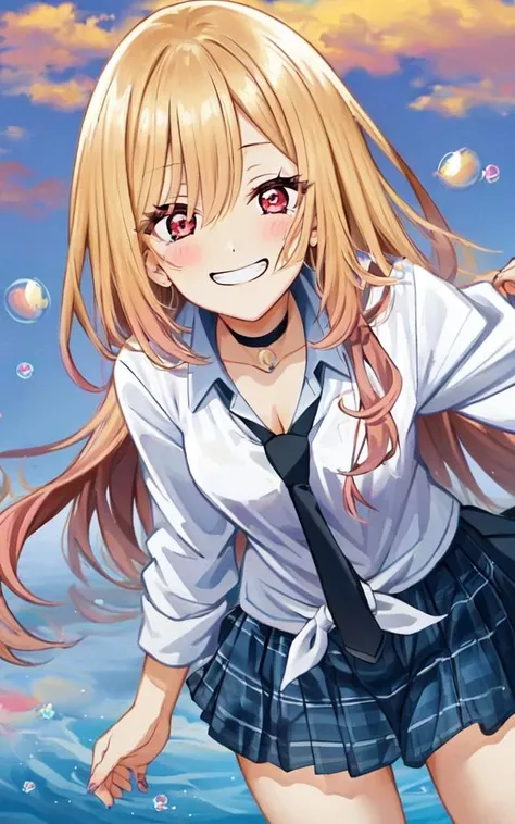 <lora:_bubbles:0.7:OUTDD> bubbles, Kitagawa marin, <lora:marin:0.9:NIN> 1girl medium breasts, (round eyes):1.6 pinkred eyes long eyelashes pink eyeliner (lower eyelashes) black eyelashes coin_choker pierce slender skindantation nails choke blush shiny hair straight hair (gradient hair (blond:lightpink:0.8) hair) Streaked hair long hair +++ grin v^^v  +++ sleeves rolled up (white collared_shirt) (saxe_blue loose_necktie) (plaid_pleated_mini_skirt skyblue skirt), +++ extremely quality, high detailed, anime coloring illustration game cg contrapposto <lora:_flat2:0.3:ALL> ++ Faint lips,UC:realistic cute anime face cinematic angle Girl at the front single focus dynamic pose