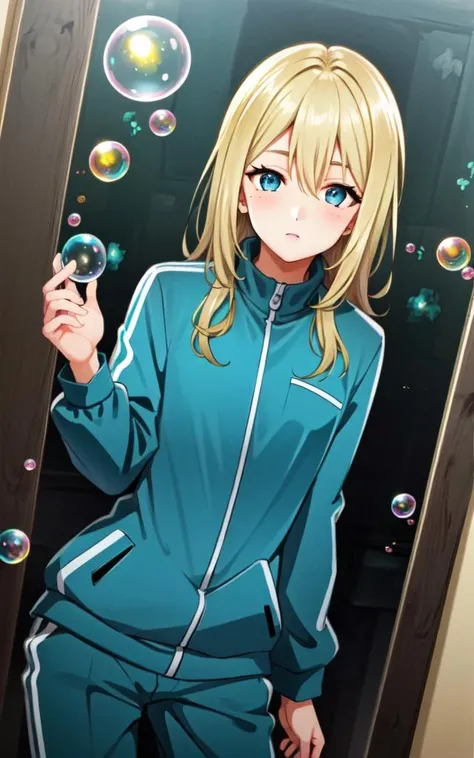 <lora:_bubbles:0.7:NIN> many bubbles reflection, +++ extremely quality, high detailed, anime coloring illustration game cg contrapposto <lora:_flat2:0.3:ALL> ++ Faint lips,UC:realistic cute anime face cinematic angle Girl at the front single focus dynamic pose, 1boy man male 28yo, muscular:1.5 +++, +++
bright turquoise hair,
hazel eyes,
medium hair ,
bob,
wavy hair ,
hair between eyes,
staring,
+++, gray turquoise tracksuit blond pom-pom pants full brogue