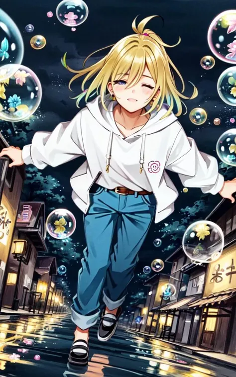<lora:_bubbles:0.7:NIN> many bubbles reflection, +++ extremely quality, high detailed, anime coloring illustration game cg contrapposto <lora:_flat2:0.3:ALL> ++ Faint lips,UC:realistic cute anime face cinematic angle Girl at the front single focus dynamic pose, 1boy man male 28yo, muscular:1.5 +++, +++ 
deep pink hair, 
blond eyes, 
medium hair , 
shaggy hair, 
big hair , 
hair pulled back, 
(squinting eyes:1.4) smile, 
+++, blue  multicolored hoodie yellow long pants  bulb_toe_shoes