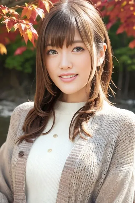 1girl,(wearing a cardigan and sweater:1.2),(RAW photo, best quality), (realistic, photo-realistic:1.4), masterpiece, an extremely delicate and beautiful, extremely detailed, 2k wallpaper, Amazing, finely detail, extremely detailed CG unity 8k wallpaper, ultra-detailed, highres, soft light, beautiful detailed girl, extremely detailed eyes and face, beautiful detailed nose, beautiful detailed eyes,cinematic lighting,autumn scenery,(morning light),perfect anatomy,slender body,smiling, <lora:kakumaai_lora:1>