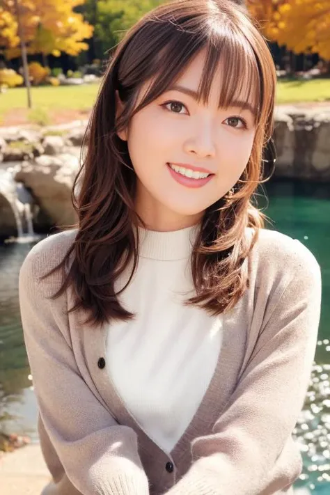 1girl,(wearing a cardigan and sweater:1.2),(RAW photo, best quality), (realistic, photo-realistic:1.4), masterpiece, an extremely delicate and beautiful, extremely detailed, 2k wallpaper, Amazing, finely detail, extremely detailed CG unity 8k wallpaper, ultra-detailed, highres, soft light, beautiful detailed girl, extremely detailed eyes and face, beautiful detailed nose, beautiful detailed eyes,cinematic lighting,autumn scenery,(morning light),perfect anatomy,slender body,smiling, <lora:kakumaai_lora:1>