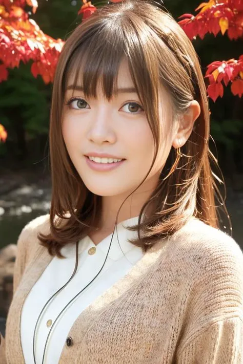 1girl,(wearing a cardigan and sweater:1.2),(RAW photo, best quality), (realistic, photo-realistic:1.4), masterpiece, an extremely delicate and beautiful, extremely detailed, 2k wallpaper, Amazing, finely detail, extremely detailed CG unity 8k wallpaper, ultra-detailed, highres, soft light, beautiful detailed girl, extremely detailed eyes and face, beautiful detailed nose, beautiful detailed eyes,cinematic lighting,autumn scenery,(morning light),perfect anatomy,slender body,smiling, <lora:kakumaai_lora:1>