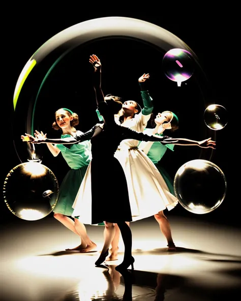 a group of people dancing around soap bubbles in a room with a black background and a woman in a white dress, Charles Angrand, surrealistic, a renaissance painting, kitsch movement, video art, Dance_Art