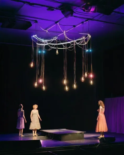 a group of people on a stage with lights hanging from the ceiling and a woman in a dress on the stage, Anne Rigney, liminal space, an abstract sculpture, kitsch movement<lora:Dance_Art:1.0>