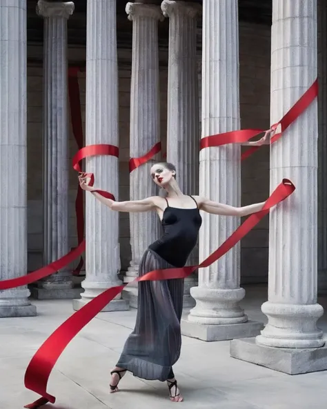 a woman in a dance pose and is holding a red ribbon in front of a row of columns and columns with columns behind her, Carol Bove, surreal photography, a surrealist sculpture, feminist art<lora:Dance_Art:1.0>