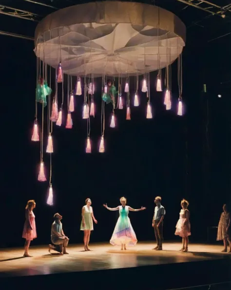 a group of people on a stage with lights hanging from the ceiling and a woman in a dress on the stage, Anne Rigney, liminal space, an abstract sculpture, kitsch movement<lora:Dance_Art:1.0>