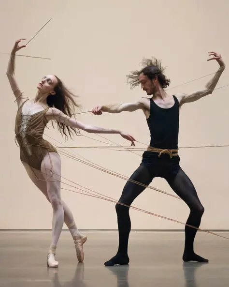 a couple of dancers are performing a dance routine together with strings attached to their bodies and arms, with one holding the strings, Elizabeth Polunin, promotional image, a renaissance painting, figuration libre , 1boy, 1girl, , long_hair, string, video art, Dance_Art<lora:Dance_Art:1.0>