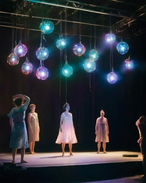 a group of people on a stage with lights hanging from the ceiling and a woman in a dress on the stage, Anne Rigney, liminal space, an abstract sculpture, kitsch movement<lora:Dance_Art:1.0>