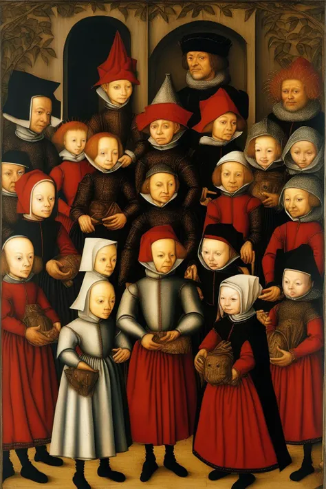 <lora:Lucas Cranach Style:1>Lucas Cranach Style - A group of attendants for a noble child. Nurses, teachers, professors, maids, knights, cooks. They all wear clothes for journey.