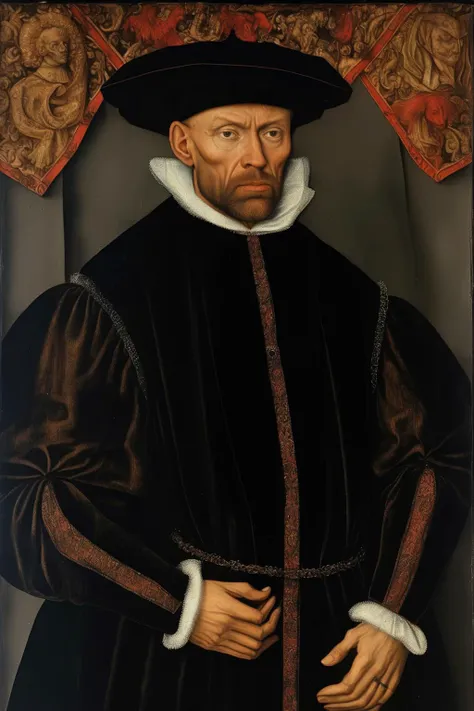 <lora:Lucas Cranach Style:1>Lucas Cranach Style - painting 16th century holy roman empire lawyer printmaker age 35 man wearing black