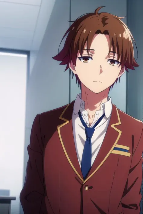 kiyotakaayanokouji, <lora:kiyotaka ayanokouji s2-lora-nochekaiser:1>,
kiyotaka ayanokouji, brown hair, (brown eyes:1.5), male focus, (parted bangs:1.5), short hair,
BREAK school uniform, jacket, necktie, blazer, blue necktie, shirt, white shirt, collared shirt, (red blazer:1.5),
BREAK indoors, classroom,
BREAK looking at viewer, (cowboy shot:1.5),
BREAK <lyco:GoodHands-beta2:1>, (masterpiece:1.2), best quality, high resolution, unity 8k wallpaper, (illustration:0.8), (beautiful detailed eyes:1.6), extremely detailed face, perfect lighting, extremely detailed CG, (perfect hands, perfect anatomy),