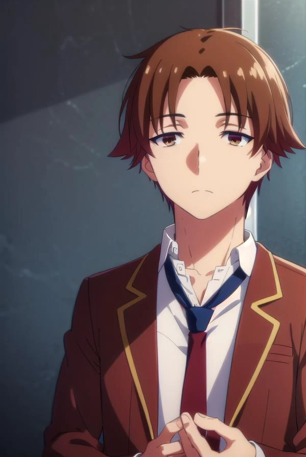 kiyotakaayanokouji, <lora:kiyotaka ayanokouji s2-lora-nochekaiser:1>,
kiyotaka ayanokouji, brown hair, (brown eyes:1.5), male focus, (parted bangs:1.5), short hair,
BREAK school uniform, jacket, necktie, blazer, blue necktie, shirt, white shirt, collared shirt, (red blazer:1.5),
BREAK indoors, classroom,
BREAK looking at viewer, (cowboy shot:1.5),
BREAK <lyco:GoodHands-beta2:1>, (masterpiece:1.2), best quality, high resolution, unity 8k wallpaper, (illustration:0.8), (beautiful detailed eyes:1.6), extremely detailed face, perfect lighting, extremely detailed CG, (perfect hands, perfect anatomy),