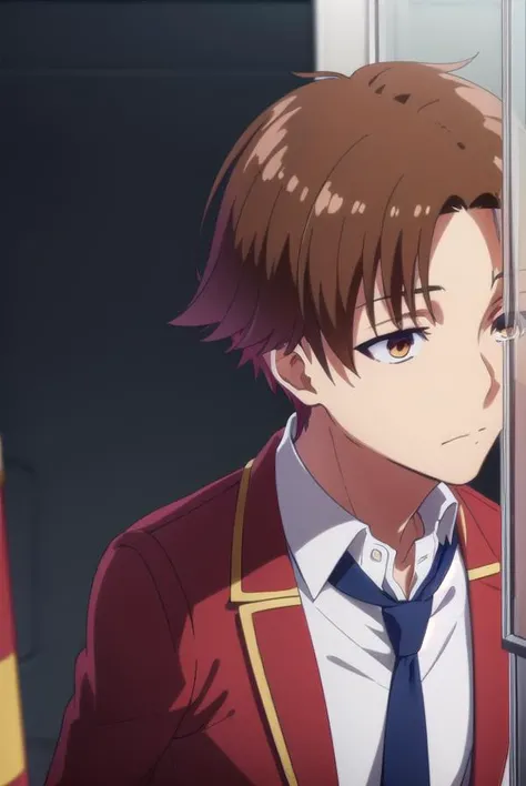 kiyotakaayanokouji, <lora:kiyotaka ayanokouji s2-lora-nochekaiser:1>,
kiyotaka ayanokouji, brown hair, (brown eyes:1.5), male focus, (parted bangs:1.5), short hair,
BREAK school uniform, jacket, necktie, blazer, blue necktie, shirt, white shirt, collared shirt, (red blazer:1.5),
BREAK indoors, classroom,
BREAK looking at viewer, (cowboy shot:1.5),
BREAK <lyco:GoodHands-beta2:1>, (masterpiece:1.2), best quality, high resolution, unity 8k wallpaper, (illustration:0.8), (beautiful detailed eyes:1.6), extremely detailed face, perfect lighting, extremely detailed CG, (perfect hands, perfect anatomy),
