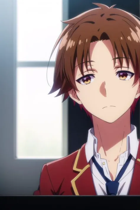 kiyotakaayanokouji, <lora:kiyotaka ayanokouji s2-lora-nochekaiser:1>,
kiyotaka ayanokouji, brown hair, (brown eyes:1.5), male focus, (parted bangs:1.5), short hair,
BREAK school uniform, jacket, necktie, blazer, blue necktie, shirt, white shirt, collared shirt, (red blazer:1.5),
BREAK indoors, classroom,
BREAK looking at viewer, (cowboy shot:1.5),
BREAK <lyco:GoodHands-beta2:1>, (masterpiece:1.2), best quality, high resolution, unity 8k wallpaper, (illustration:0.8), (beautiful detailed eyes:1.6), extremely detailed face, perfect lighting, extremely detailed CG, (perfect hands, perfect anatomy),