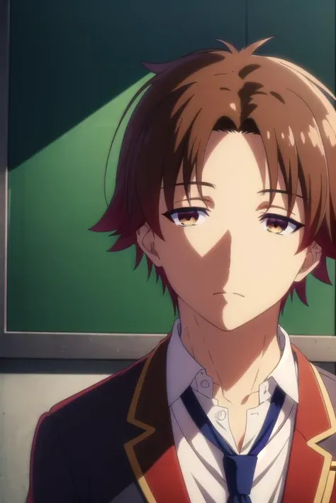 kiyotakaayanokouji, <lora:kiyotaka ayanokouji s2-lora-nochekaiser:1>,
kiyotaka ayanokouji, brown hair, (brown eyes:1.5), male focus, (parted bangs:1.5), short hair,
BREAK school uniform, jacket, necktie, blazer, blue necktie, shirt, white shirt, collared shirt, (red blazer:1.5),
BREAK indoors, classroom,
BREAK looking at viewer, (cowboy shot:1.5),
BREAK <lyco:GoodHands-beta2:1>, (masterpiece:1.2), best quality, high resolution, unity 8k wallpaper, (illustration:0.8), (beautiful detailed eyes:1.6), extremely detailed face, perfect lighting, extremely detailed CG, (perfect hands, perfect anatomy),