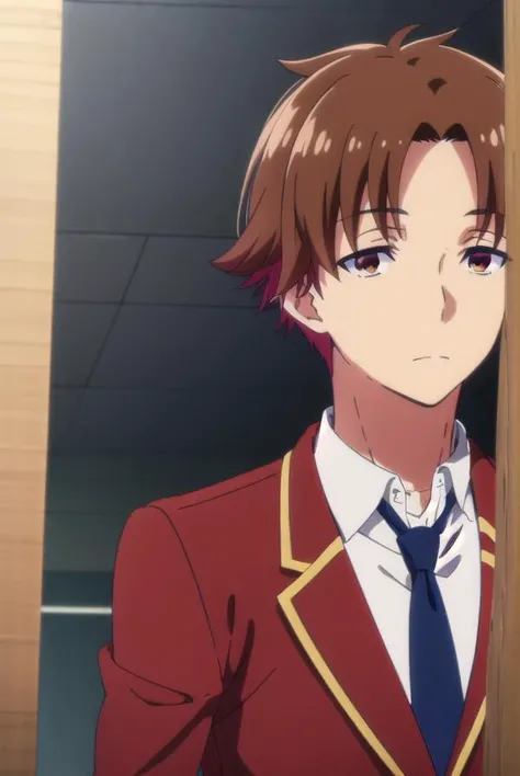 kiyotakaayanokouji, <lora:kiyotaka ayanokouji s2-lora-nochekaiser:1>,
kiyotaka ayanokouji, brown hair, (brown eyes:1.5), male focus, (parted bangs:1.5), short hair,
BREAK school uniform, jacket, necktie, blazer, blue necktie, shirt, white shirt, collared shirt, (red blazer:1.5),
BREAK indoors, classroom,
BREAK looking at viewer, (cowboy shot:1.5),
BREAK <lyco:GoodHands-beta2:1>, (masterpiece:1.2), best quality, high resolution, unity 8k wallpaper, (illustration:0.8), (beautiful detailed eyes:1.6), extremely detailed face, perfect lighting, extremely detailed CG, (perfect hands, perfect anatomy),
