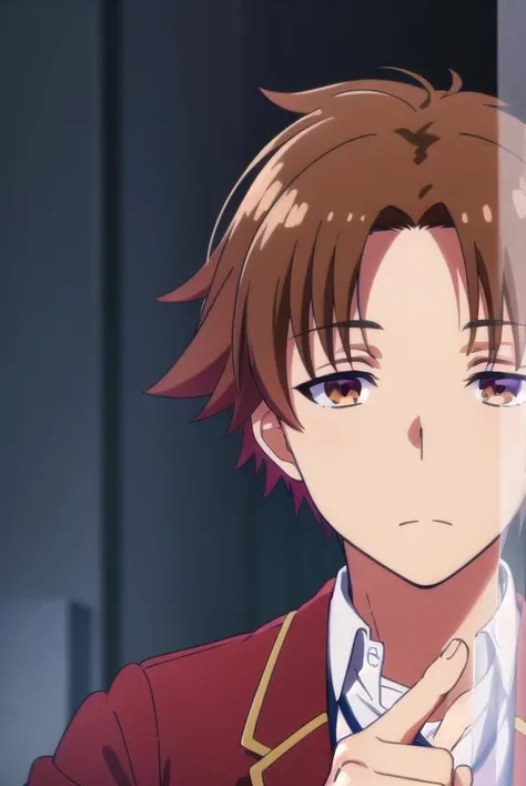 kiyotakaayanokouji, <lora:kiyotaka ayanokouji s2-lora-nochekaiser:1>,
kiyotaka ayanokouji, brown hair, (brown eyes:1.5), male focus, (parted bangs:1.5), short hair,
BREAK school uniform, jacket, necktie, blazer, blue necktie, shirt, white shirt, collared shirt, (red blazer:1.5),
BREAK indoors, classroom,
BREAK looking at viewer, (cowboy shot:1.5),
BREAK <lyco:GoodHands-beta2:1>, (masterpiece:1.2), best quality, high resolution, unity 8k wallpaper, (illustration:0.8), (beautiful detailed eyes:1.6), extremely detailed face, perfect lighting, extremely detailed CG, (perfect hands, perfect anatomy),