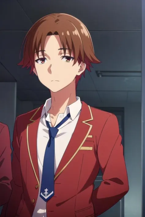 kiyotakaayanokouji, <lora:kiyotaka ayanokouji s2-lora-nochekaiser:1>,
kiyotaka ayanokouji, brown hair, (brown eyes:1.5), male focus, (parted bangs:1.5), short hair,
BREAK school uniform, jacket, necktie, blazer, blue necktie, shirt, white shirt, collared shirt, (red blazer:1.5),
BREAK indoors, classroom,
BREAK looking at viewer, (cowboy shot:1.5),
BREAK <lyco:GoodHands-beta2:1>, (masterpiece:1.2), best quality, high resolution, unity 8k wallpaper, (illustration:0.8), (beautiful detailed eyes:1.6), extremely detailed face, perfect lighting, extremely detailed CG, (perfect hands, perfect anatomy),