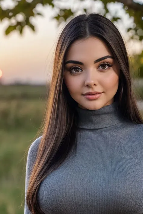 headshot of S204_Littlmisfit,a beautiful woman,in an (orchard:1.1),wearing a (turtleneck:1.1),(sunset:1.1),(8k, RAW photo, best quality, depth of field, ultra high res:1.2),(absurdres, intricate, photorealistic, masterpiece, ultra-detailed:1.3),