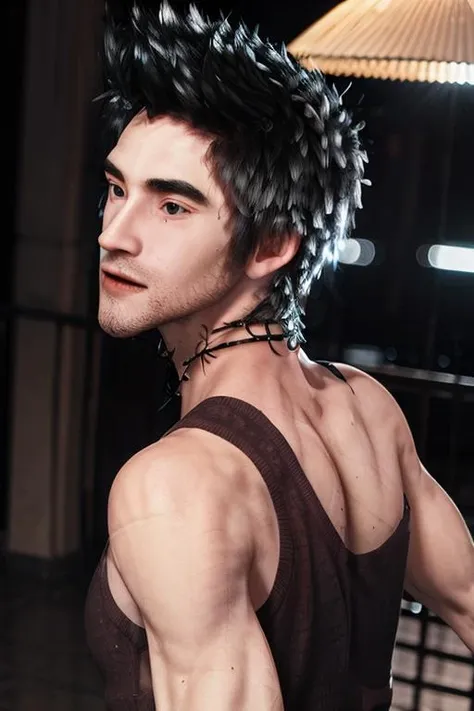 ((masterpiece)),((bestquality)),8k,high detailed,ultra-detailed,photography,award winning,documentary,realistic,Original Photo,extreme detail,1boy,<lora:Godegisel_Lora:1>,godegisel,(((solo))),Asian Slim male,slim,thin,beautiful detailed eyes,solid eyes,black eyes,adult,handsome face,real skin texture,well-proportioned hands,tank top,jeans,oxfords,think eyebrow,Looking Back,looking at phone,[Accent lighting|Strobe lighting|cold light|Fresco lighting],portrait,<lora:add_detail:0.8>,[Giggling|Shouting|Sweat],