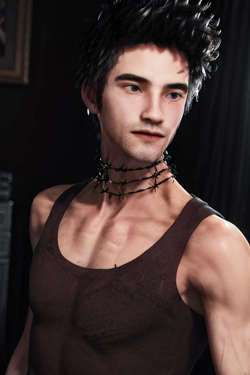Young man, 25 years old, prince of darkness, black hair, two block haircut , shirtless, wearing a black full prince outfit , reality photo, reality skin, detailed skin, glowing light grey eyes, cunning smirk, eerie, prince of nightmares