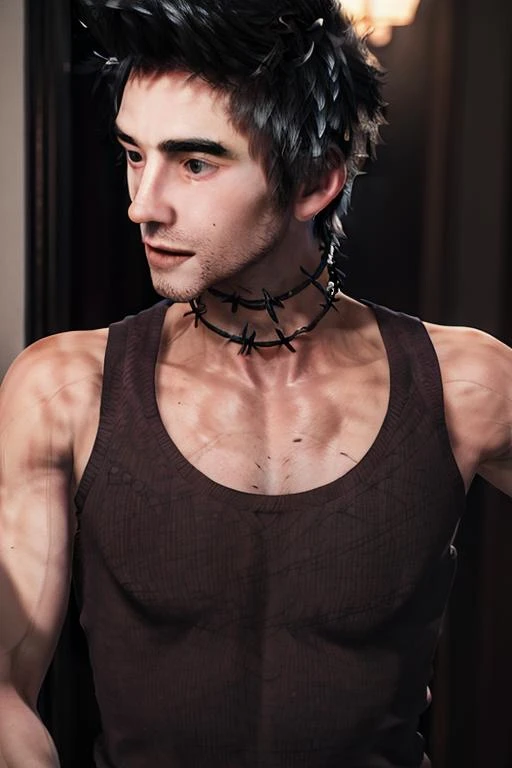 ((masterpiece)),((bestquality)),8k,high detailed,ultra-detailed,photography,award winning,documentary,realistic,Original Photo,extreme detail,1boy,<lora:Godegisel_Lora:1>,godegisel,(((solo))),Asian Slim male,slim,thin,beautiful detailed eyes,solid eyes,black eyes,adult,handsome face,real skin texture,well-proportioned hands,tank top,jeans,oxfords,think eyebrow,Head Down,looking away,[Courtroom lighting|Gobo lighting|mood lighting|Color wash lighting],portrait,<lora:add_detail:0.8>,[Laughing|Furrowed Brow|Sleepy],watch_to_viewer,