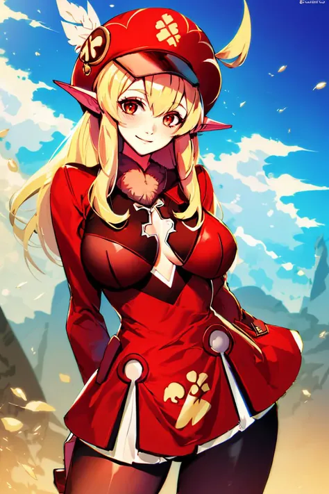 <lora:Genzoman_Style_Dim64:0.6>, , ((masterpiece,best quality)), absurdres, <lora:Adult_Klee_Genshin:0.8>, Adult_Klee_Genshin, busty, pointy ears, red hat, solo, smiling, looking at viewer, cowboy shot,