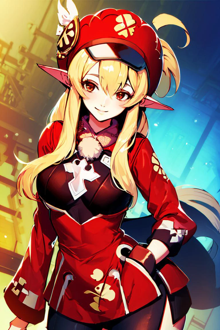 <lora:Genzoman_Style_Dim64:0.6>, , ((masterpiece,best quality)), absurdres, <lora:Adult_Klee_Genshin:0.8>, Adult_Klee_Genshin, busty, pointy ears, red hat, solo, smiling, looking at viewer, cowboy shot,