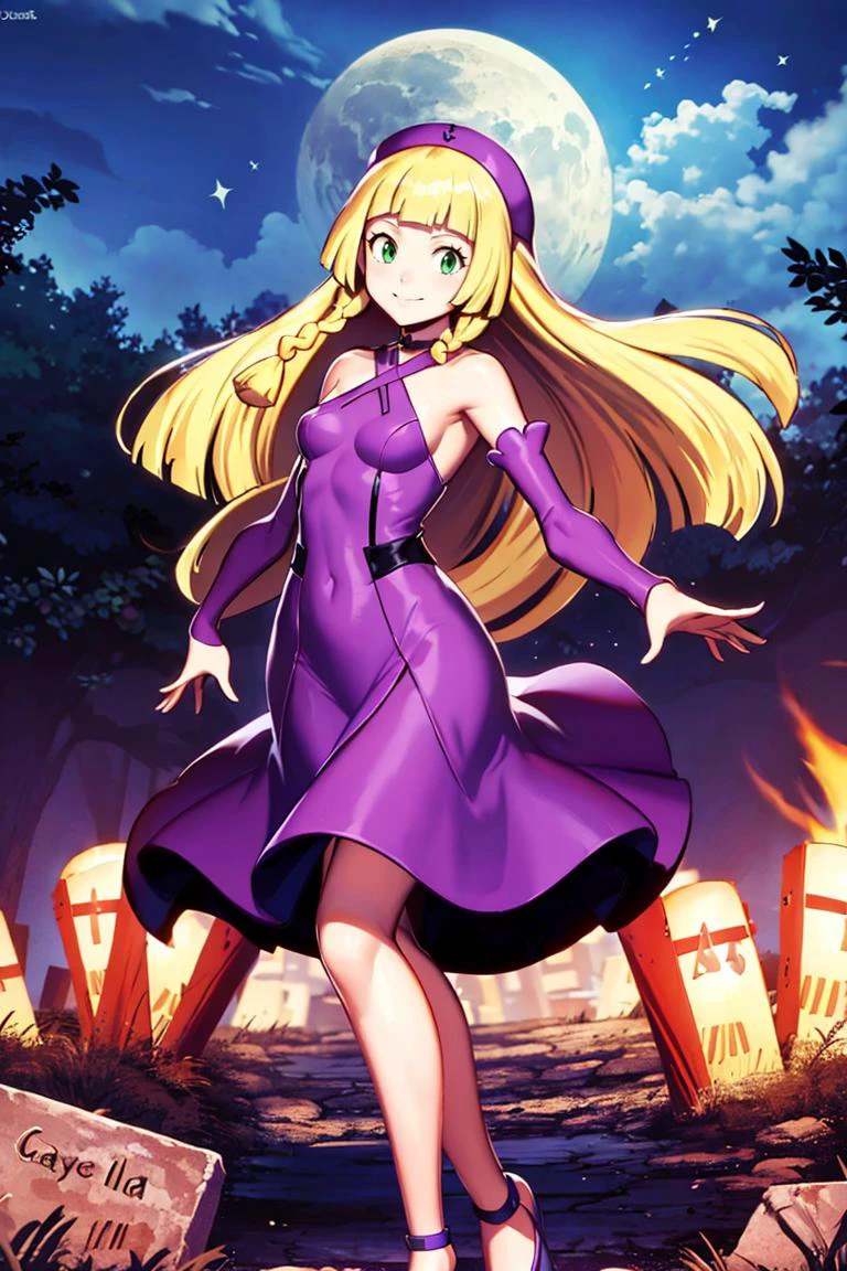 <lora:Genzoman_Style_Dim64:0.6>,centered, award winning photo, (looking at viewer:1.2), | Haunter_Pokemon, floating | crescent moon, graveyard, | bokeh, depth of field, cinematic composition, | <lora:Haunter_Pokemon_Anime:0.9>, aalillie, 1girl, green eyes, smile, very long hair, blonde hair, long blonde hair, (braid:1.1), bangs, medium breasts, hair ribbon, frilled choker, criss-cross halter, (purple dress dress:1.1), sleeveless dress, high-waist skirt, backless dress, waist bow, black detached sleeves, frilled sleeves, small top hat, <lora:lillie_(pokemon)_v1:0.7>,