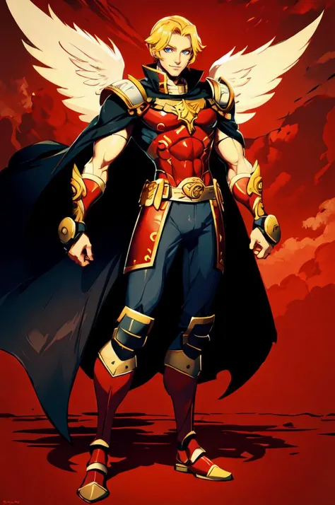 <lora:Genzoman_Style_Dim64:0.65>, ultra detailed, masterpiece, best quality, solo, smile, red theme, 1boy, blue eyes, medium blonde hair, parted bangs, hair intakes, male focus, muscular male, armor, pauldrons, cuirass, gauntlets, waist cape, greaves, black bodysuit, surcoat, shoulder sash, wing shoulder armor, cape, pants,