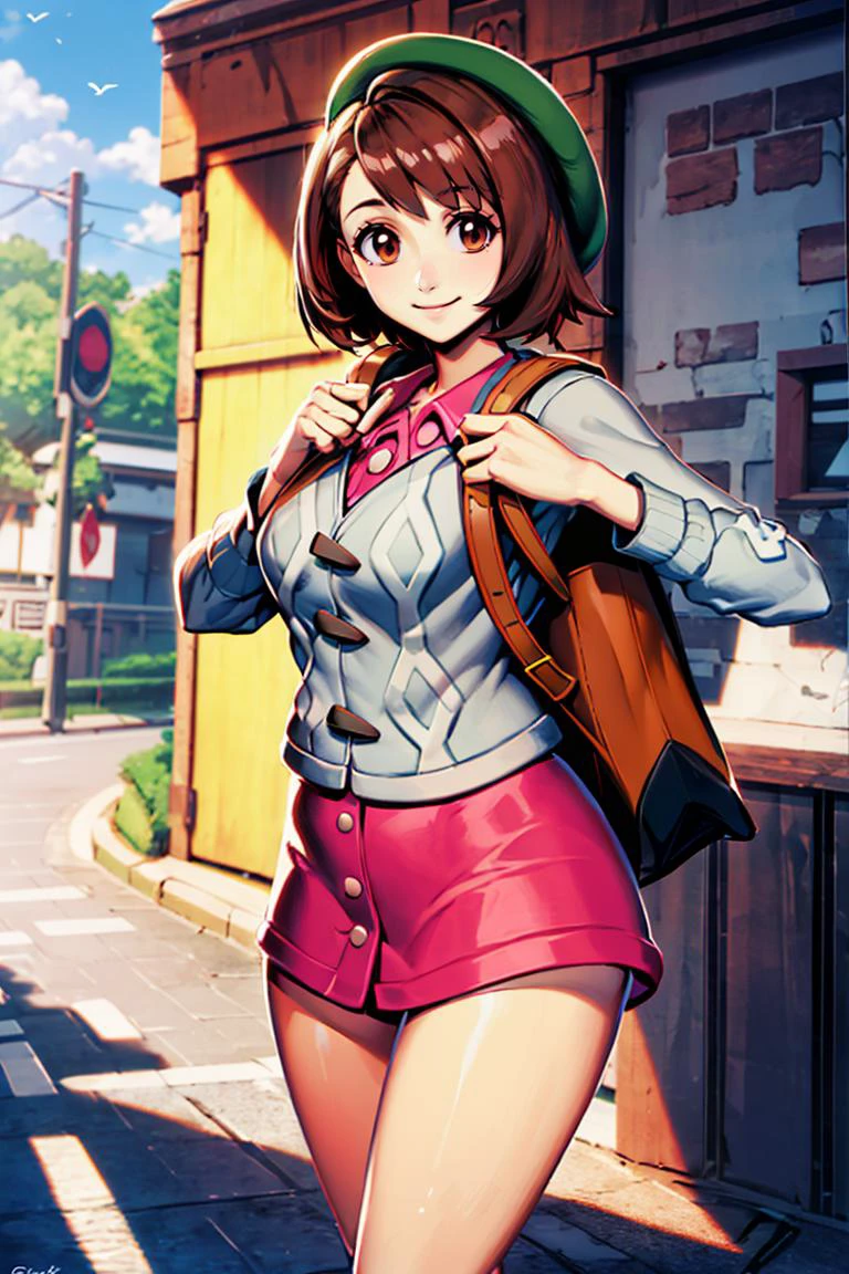 <lora:Genzoman_Style_Dim64:0.7>, , ((masterpiece,best quality)), absurdres, <lora:gloria_(pokemon)_v1:0.7>, gloria \(pokemon\), brown hair, solo, backpack, brown eyes, tam o' shanter, grey cardigan, pink dress, short hair, green socks, socks, brown bag, bob cut, bangs, long sleeves, collared dress, solo, smiling, looking at viewer, cowboy shot, ,
