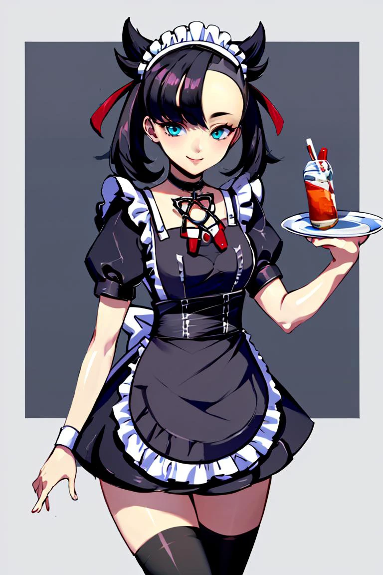 <lora:Genzoman_Style_Dim64:0.6>, , ((masterpiece,best quality)), absurdres, <lora:Marnie_Pokemon_Dim32:0.8>, Marnie_Pokemon, aqua eyes, black choker, red ribbon, jewelry, maid outfit, maid headdress, black dress,apron, zettai ryouiki, solo, smiling, looking at viewer, cowboy shot, ,